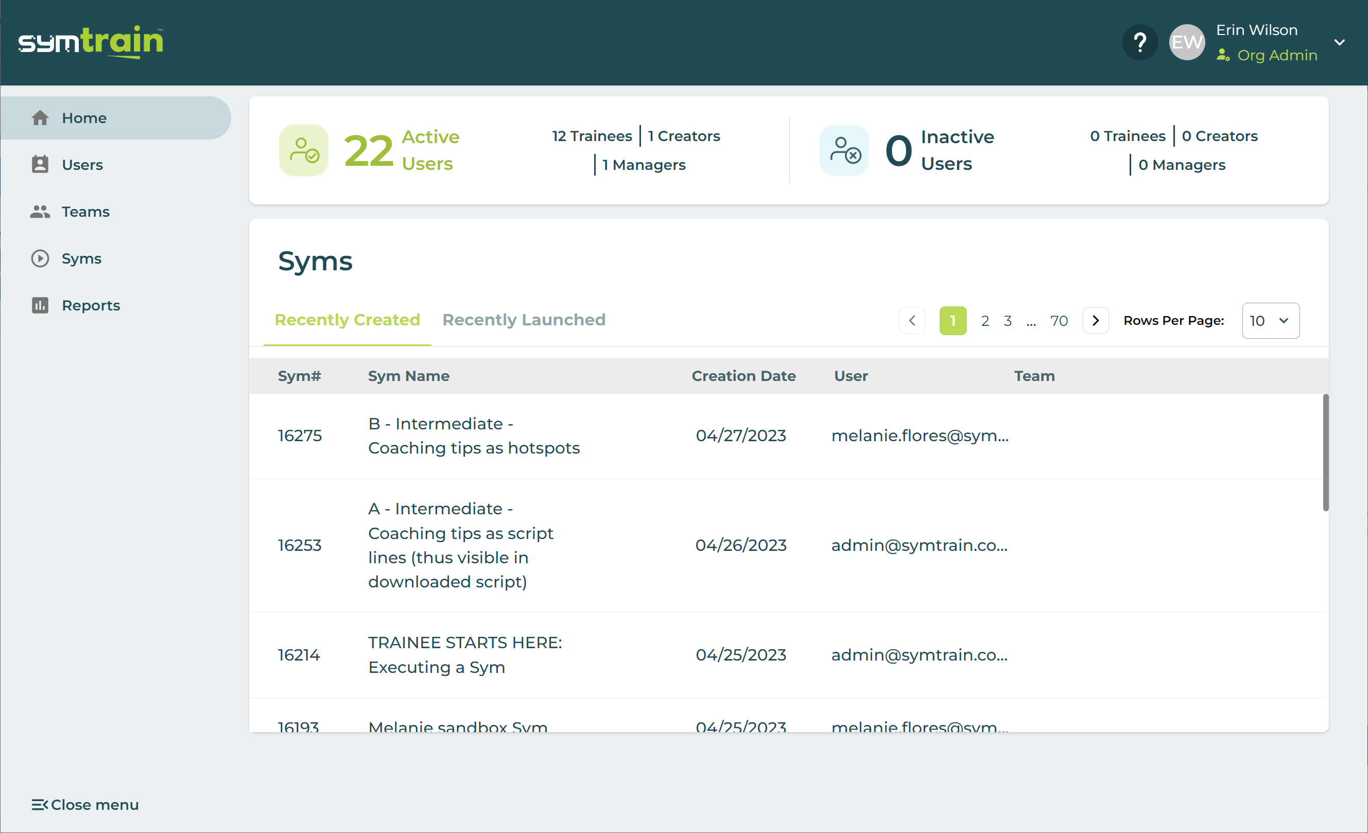 symtrain dashboard Symtrain ai-powered, simulated role-play, and automated virtual coaching tool dashboard